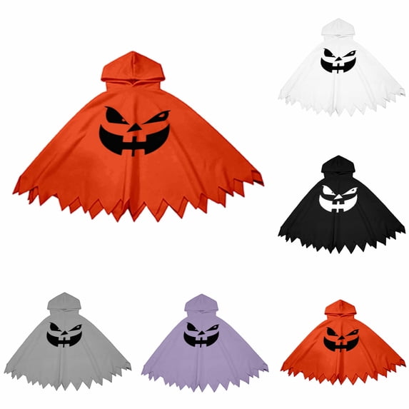 Arlun Halloween Pumpkin Face Capes for Kids Funny Cute Spooky Ghost Hooded Cape Boys and Girls Soft Cozy Loose Sawtooth Hem Capelet for Dress up Cosplay Party I-White XS