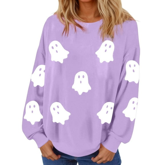Arlun Halloween Sweatshirts for Women Cute Ghost Graphic Crewneck Sweatshirts Womens Cute Printed Long Sleeve Loose Lightweight Tops 2025 Fall Winter Hoodles Pullovers Purple S