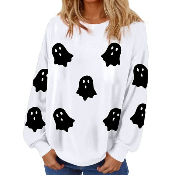Arlun Halloween Sweatshirts for Women Cute Ghost Graphic Crewneck Sweatshirts Womens Cute Printed Long Sleeve Loose Lightweight Tops 2025 Fall Winter Hoodles Pullovers White M