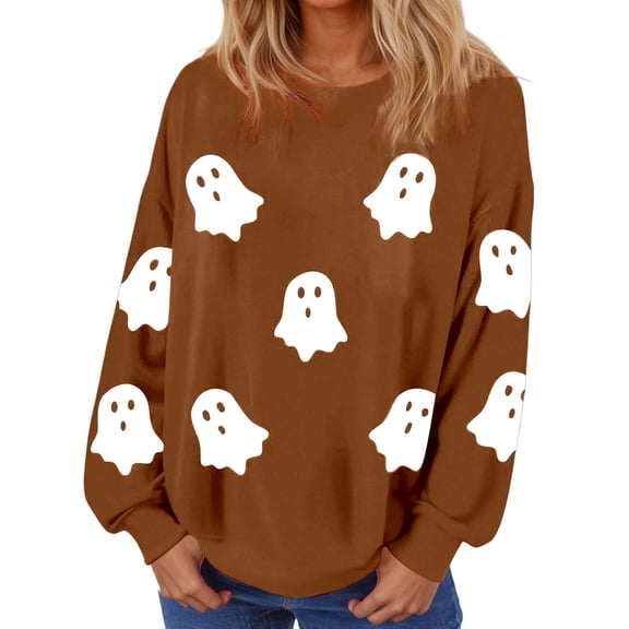 Arlun Halloween Sweatshirts for Women Cute Ghost Graphic Crewneck Sweatshirts Womens Cute Printed Long Sleeve Loose Lightweight Tops 2025 Fall Winter Hoodles Pullovers Coffee S