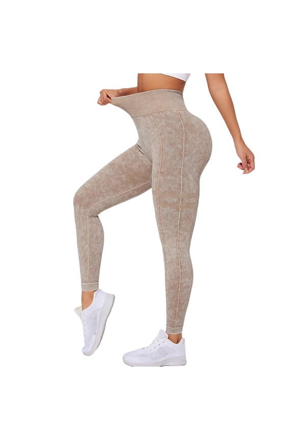 High Waist Stretch Tummy Lifting Yoga Pants for Women Fashion Marble Pattern Printed Sports Fitness Leggings Lightweight Breathable Workout Pant Beige L