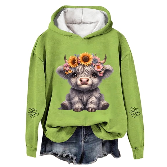 Arlun Highland Cow Hoodie Sweatshirts for Women Long Sleeve Casual Loose Cute Funny Cowgirl Hooded Tops Plain Lined Long Sleeve Soft Cozy Western Cow Print Pullovers Light Green XXXL