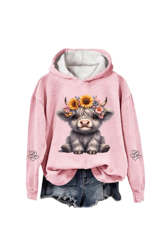 Highland Cow Hoodie Sweatshirts for Women Long Sleeve Casual Loose Cute Funny Cowgirl Hooded Tops Plain Lined Long Sleeve Soft Cozy Western Cow Print Pullovers Pink M