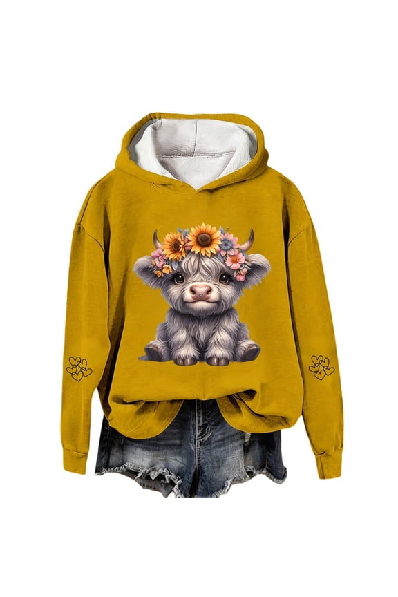 Highland Cow Hoodie Sweatshirts for Women Long Sleeve Casual Loose Cute Funny Cowgirl Hooded Tops Plain Lined Long Sleeve Soft Cozy Western Cow Print Pullovers Yellow XL