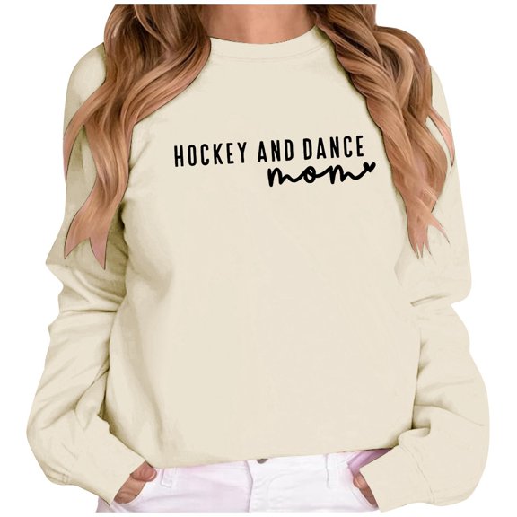 Arlun Hockey and Dance Mom Sweatshirts Womens Cute Letter Printed Ice Hockey Crewneck Pullover Tops Loose Fit Comfort Long Sleeve Hoodless Sweatshirt Cheerleading Gift Beige S