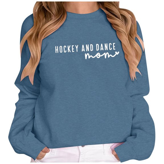 Arlun Hockey and Dance Mom Sweatshirts Womens Cute Letter Printed Ice Hockey Crewneck Pullover Tops Loose Fit Comfort Long Sleeve Hoodless Sweatshirt Cheerleading Gift Navy S