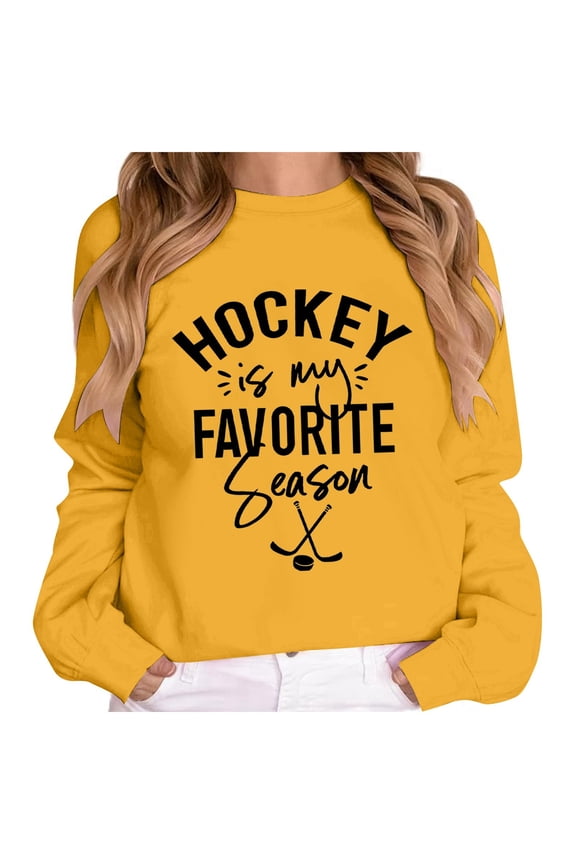 Hockey Is My Favorite Season Sweatshirts Womens Vintage Hockey Retro Letter Printed Funny Saying Graphic Pullovers Tops Loose Comfy Crewneck Long Sleeve Sweatshirts Yellow XL