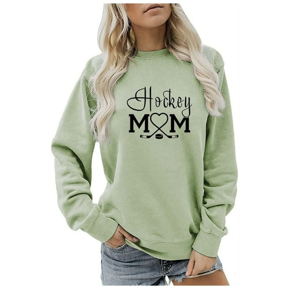 Arlun Hockey Mom Sweatshirts for Women Fashion Crewneck Loose Fit Long Sleeve Pullover Tops Ladies Casual Letter Printed Comfortable Fall Winter Sweatshirts Light Green L