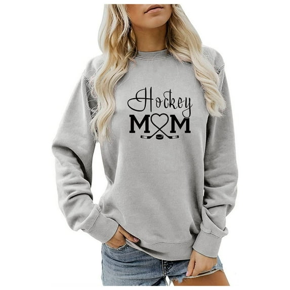 Arlun Hockey Mom Sweatshirts for Women Fashion Crewneck Loose Fit Long Sleeve Pullover Tops Ladies Casual Letter Printed Comfortable Fall Winter Sweatshirts Grey S