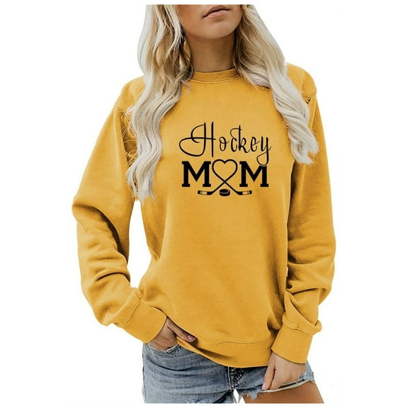 Arlun Hockey Mom Sweatshirts for Women Fashion Crewneck Loose Fit Long Sleeve Pullover Tops Ladies Casual Letter Printed Comfortable Fall Winter Sweatshirts Yellow XL