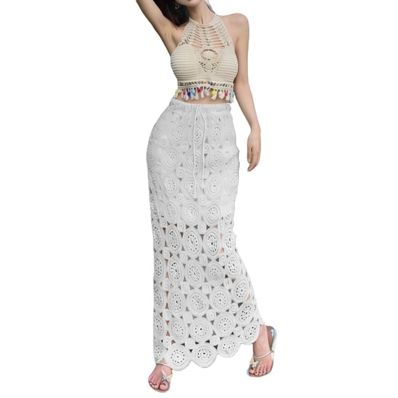 Arlun Hollow out Crochet Skirts for Women Elegant Drawstring High Waisted Knitted Beach Holiday Maxi Skirt Lightweight Breathable Lace Skirts White One Size
