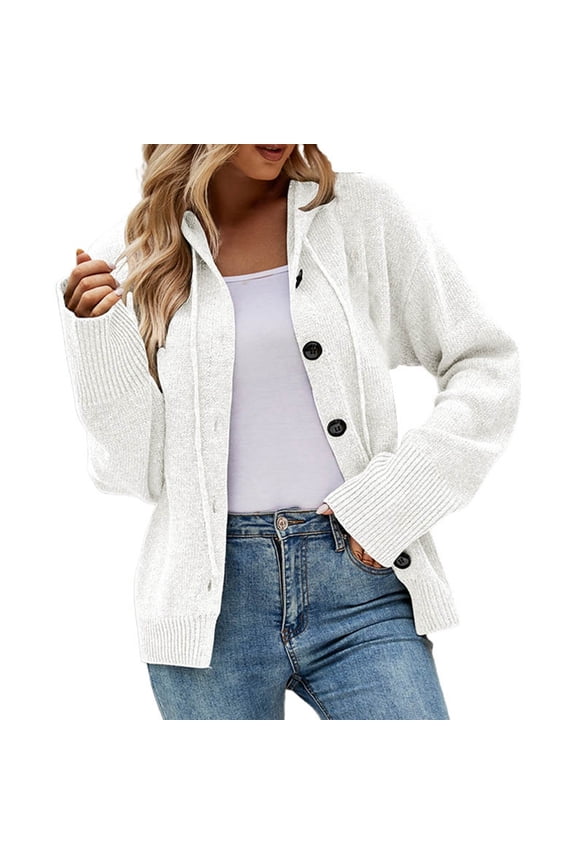 Hooded Cardigan Sweaters for Women Open Front Cable Knit Long Sleeve Cardigan Coats Button down Solid Color Loose Fit Fall Winter Clothes 2025 White M