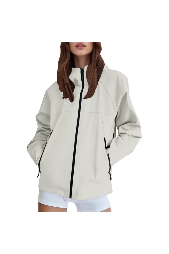 Hooded Full Zipper Windbreaker Jackets for Women Waterproof Lightweight Comfortable Warm Jacket with Hood Oversized Running Travel Hiking Raincoat with Pockets White XL