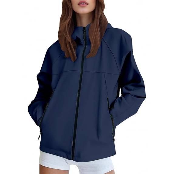 Arlun Hooded Full Zipper Windbreaker Jackets for Women Waterproof Lightweight Comfortable Warm Jacket with Hood Oversized Running Travel Hiking Raincoat with Pockets Navy XXXL