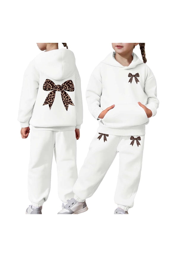 Hoodies for Teen Girls 2 Piece Outfit Sets Trendy Preppy Cheetah Print Bow Sweatshirts and Elastic Waist Sweatpants Joggers Kids Autumn Winter Casual Stylish Clothes White 100