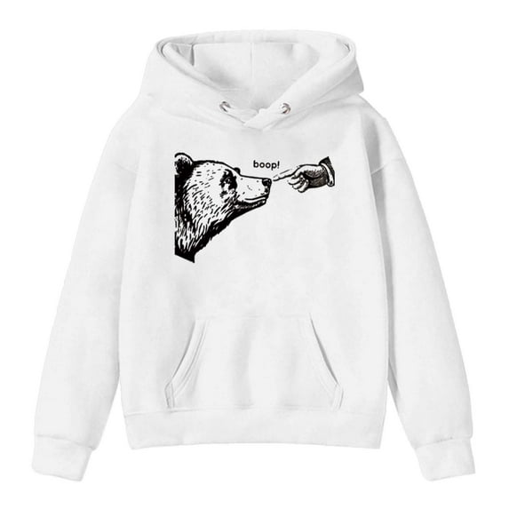 Arlun Hoodies for Women Cute Funny Bear Graphic Printed Loose Long Sleeve Sweatshirts Fall Winter Warm Comfortable Drawstring Hooded Pullover Tops with Pocket White M