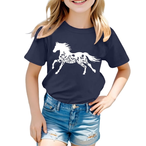 Arlun Horse Print T-Shirt for Boys Girls Trendy Western Pattern Crewneck Short Sleeve Tops Soft Comfort Horse Riding Tee Kids Animal Lover Gift Graphic Tees Navy 160