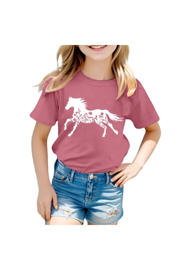Horse Print T-Shirt for Boys Girls Trendy Western Pattern Crewneck Short Sleeve Tops Soft Comfort Horse Riding Tee Kids Animal Lover Gift Graphic Tees Pink 140