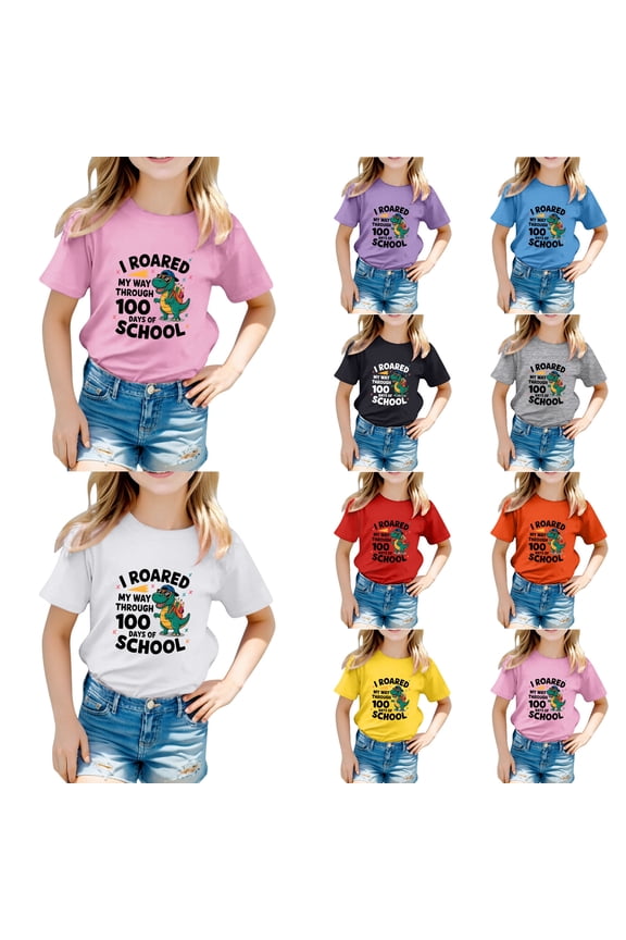 I Roared My Way Through 100 Days of School T-Shirt for Kids Unisex Funny Cartoon Graphic Print Short Sleeve Tee Girls Boys Casual Cute Tops Back to School Gifts 130