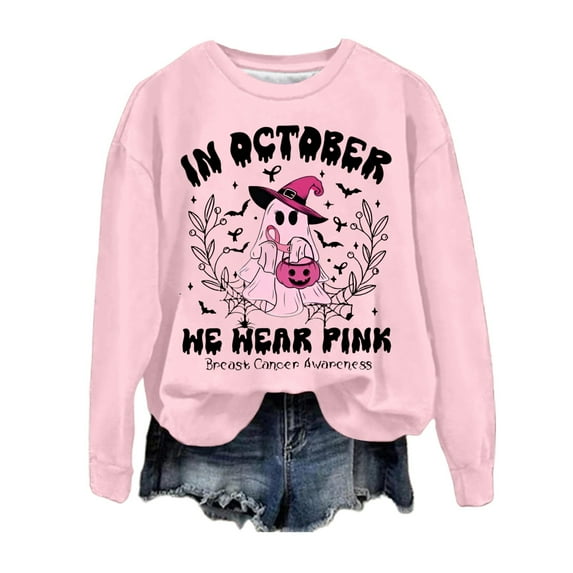 Arlun,In October We Wear Pink Sweatshirts for Women Halloween Funny Ghost Graphic Pullover Sweatshirts Cancer Awareness Loose Long Sleeve Round Neck Tops Light Pink2 M