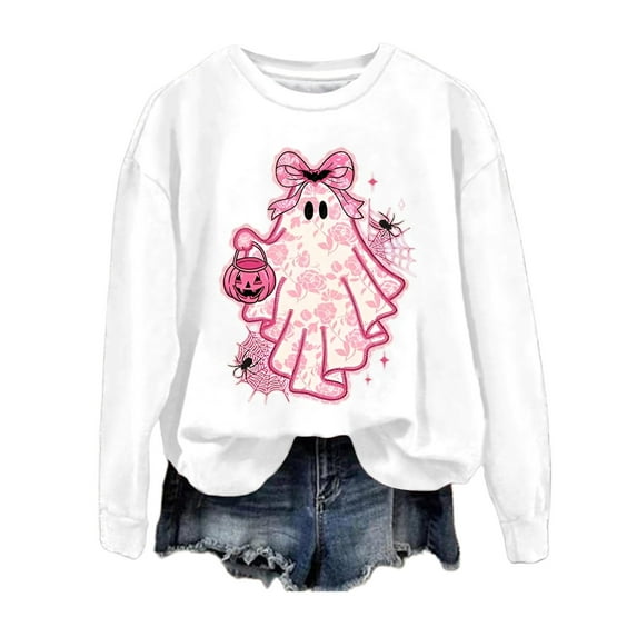 Arlun,In October We Wear Pink Sweatshirts for Women Halloween Funny Ghost Graphic Pullover Sweatshirts Breast Cancer Awareness Loose Long Sleeve Round Neck Tops White5 S