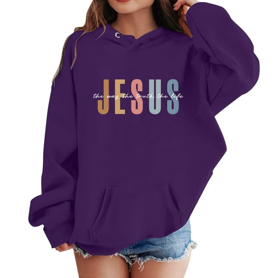 Arlun Jesus Hoodies For Kids Girls Christian Faith Cute Letter Printed Sweatshirts Oversized Classic Drawstring Pullover Hooded Tops With Pocket Purple 2-3 Years