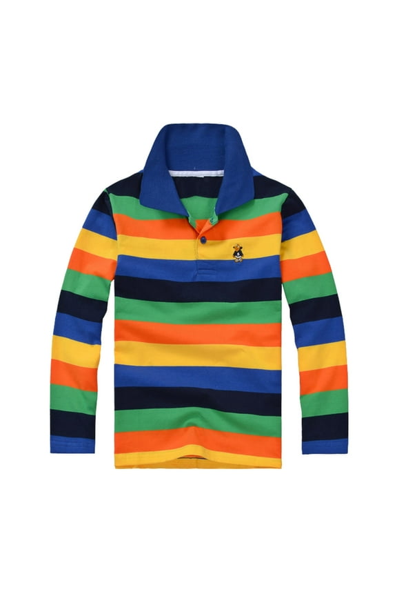 Kids Boys Girls School Uniform Polo Shirt Classic Fit Long Sleeve Casual Striped Shirt Button Closure Quick Dry Active Casual Comfortable Tops 1-Navy 18