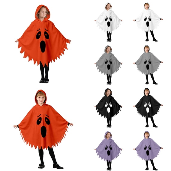 Arlun Kids Funny Ghost Face Hooded Cape Fashion Spooky Print Loose Sawtooth Hem Knee Length Halloween Capes for Stage Performance and Dress up Cosplay Party E-Orange S