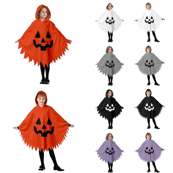 Arlun Kids Funny Ghost Face Hooded Cape Fashion Spooky Print Loose Sawtooth Hem Knee Length Halloween Capes for Stage Performance and Dress up Cosplay Party F-Black S