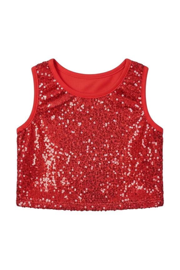 Kids Girls Boys Glitter Sequin Crop Tank Tops Sparkle Glitter Round Neck Sleeveless Carnival Party Club T-Shirts Fashion Solid Color Shiny Tee for Stage Performance Red 100