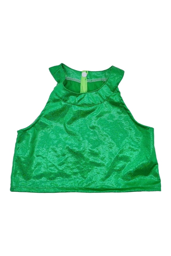 Kids Performance Sleeveless Crop Tops with Reflective Print Round Neck Dance Show for Boys Girls Carnival Glitter Stage Soft Comfortable Lightweight Casual T-Shirts Green 150