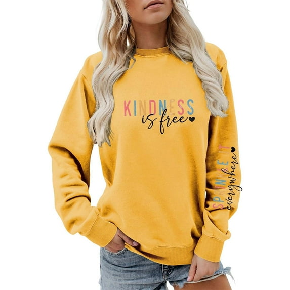 Arlun Kindness Crewneck Sweatshirts for Womens Kindness Is Free Sprinkle It Everywhere Long Sleeve Loose Comfortable Pullovers Tops for Teen Girls Streetwear Yellow XL