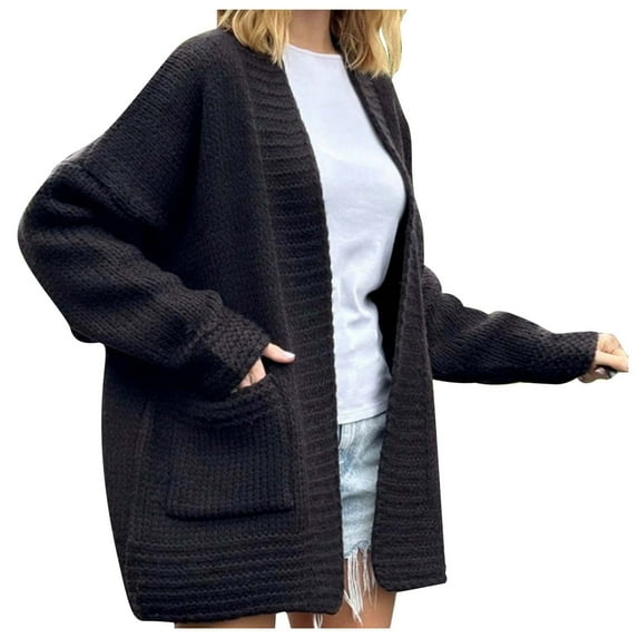 Arlun Knit Cardigan Sweaters for Women Fall Winter Long Sleeve Open Front Casual Loose Sweater Jacket Comfortable Soft Solid Color Coats with Pockets Black L