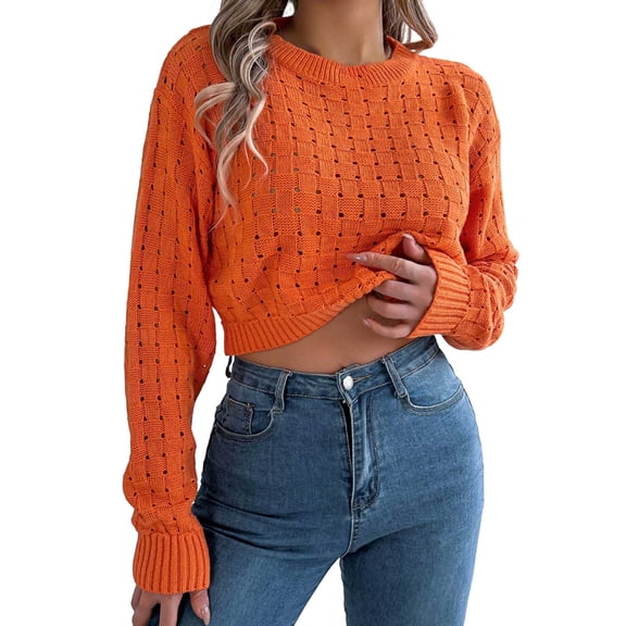 Arlun Knit Cropped Sweater for Women Casual Long Sleeve Crew Neck Cozy Pullover Sweater Trendy Hollow out Solid Color Backless Button Lightweight Fall Winter Tops Orange S