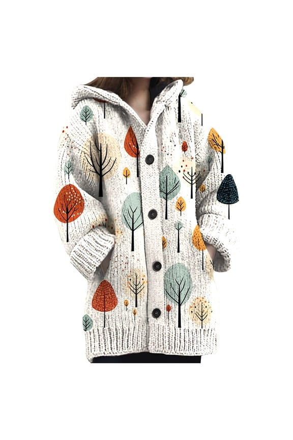 Knitted Hoodies Cardigans Sweater for Women Button down Loose Fit Fashion Gradient, Floral, Ethnic Cozy Hooded Cardigans Boho Long Sleeve Warm Winter Fall Knitwear White L
