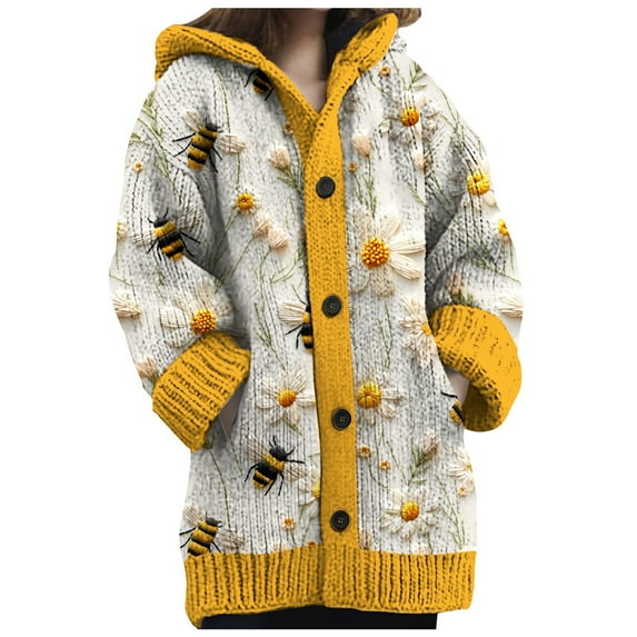 Arlun Knitted Hoodies Cardigans Sweater for Women Button down Loose Fit Fashion Gradient, Floral, Ethnic Cozy Hooded Cardigans Boho Long Sleeve Warm Winter Fall Knitwear Yellow2 XL