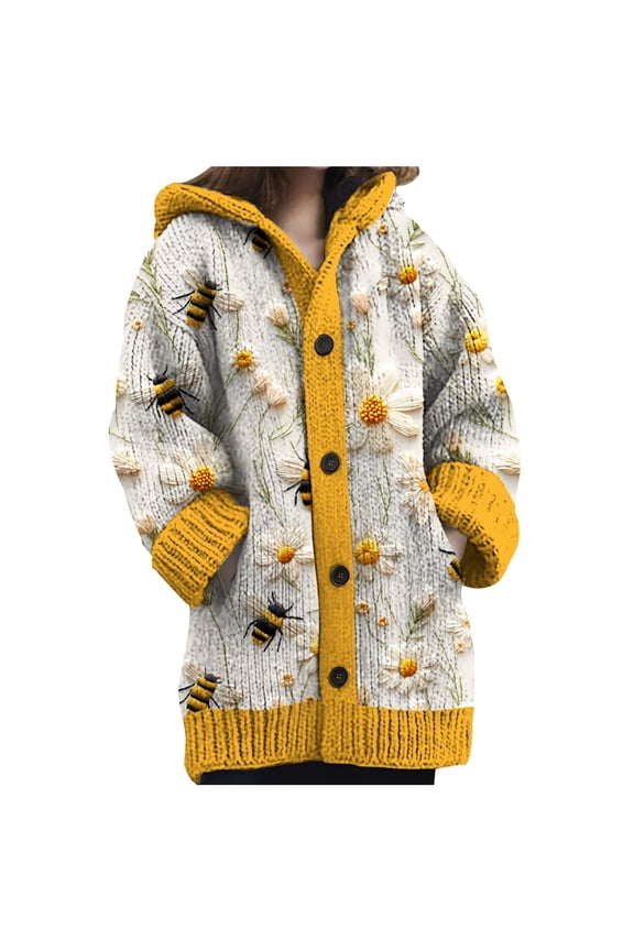 Knitted Hoodies Cardigans Sweater for Women Button down Loose Fit Fashion Gradient, Floral, Ethnic Cozy Hooded Cardigans Boho Long Sleeve Warm Winter Fall Knitwear Yellow2 XL