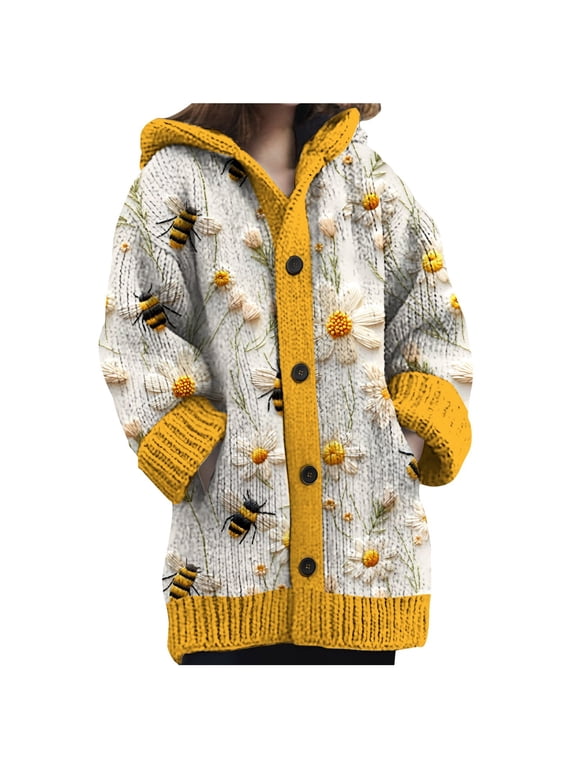 Knitted Hoodies Cardigans Sweater for Women Button down Loose Fit Fashion Gradient, Floral, Ethnic Cozy Hooded Cardigans Boho Long Sleeve Warm Winter Fall Knitwear Yellow2 S