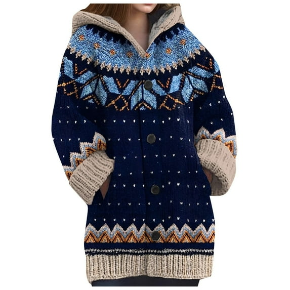 Arlun Knitted Hoodies Cardigans Sweater for Women Button down Loose Fit Fashion Gradient, Floral, Ethnic Cozy Hooded Cardigans Boho Long Sleeve Warm Winter Fall Knitwear Dark Blue XXL