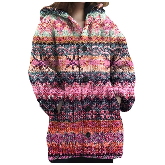 Arlun Knitted Hoodies Cardigans Sweater for Women Button down Loose Fit Fashion Gradient, Floral, Ethnic Cozy Hooded Cardigans Boho Long Sleeve Warm Winter Fall Knitwear Pink2 S