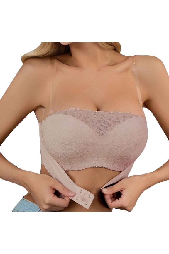,Lace Front Closure Strapless Bras No Underwire Full Coverage Adjustable Versatile and Comfortable Breathable Bralettes with Clear Bra Straps for All Seasons Wear Pink 85D