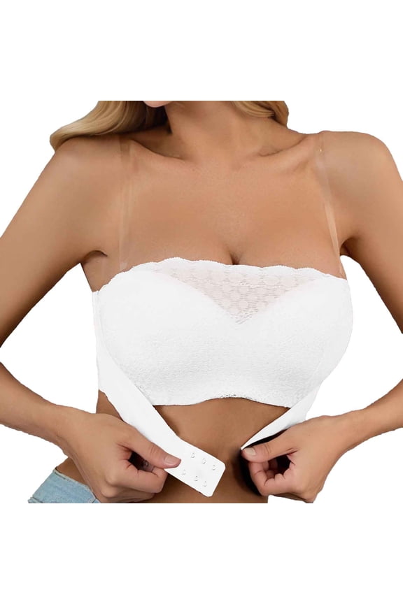 ,Lace Front Closure Strapless Bras No Underwire Full Coverage Adjustable Versatile and Comfortable Breathable Bralettes with Clear Bra Straps for All Seasons Wear White 75B