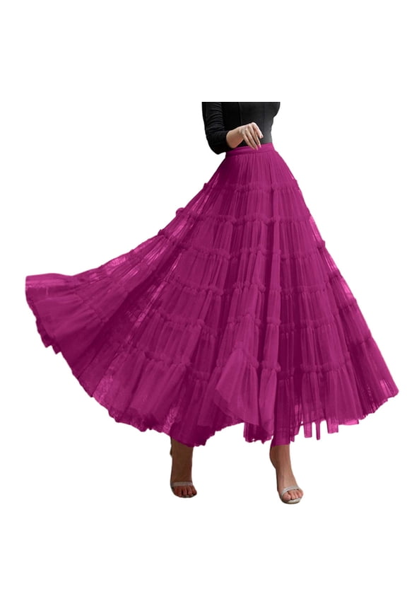 Lace Maxi Skirts for Women Elastic High Waisted Long Tutu Skirt A Line Layered Ruffle Tiered Flowy Mesh Skirts 2026 Carnival Party Fashion Dancing Outfit Purple 90