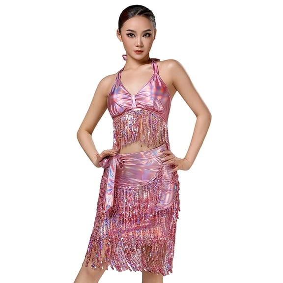 Arlun Latin Dance Sparkly Fringe Skirt Performance Outfits Stage Show Tango Choreography Competition 2 Piece Sets Sleeveless Halter Top Short Skirts Carnival Party Outfit Pink One Size