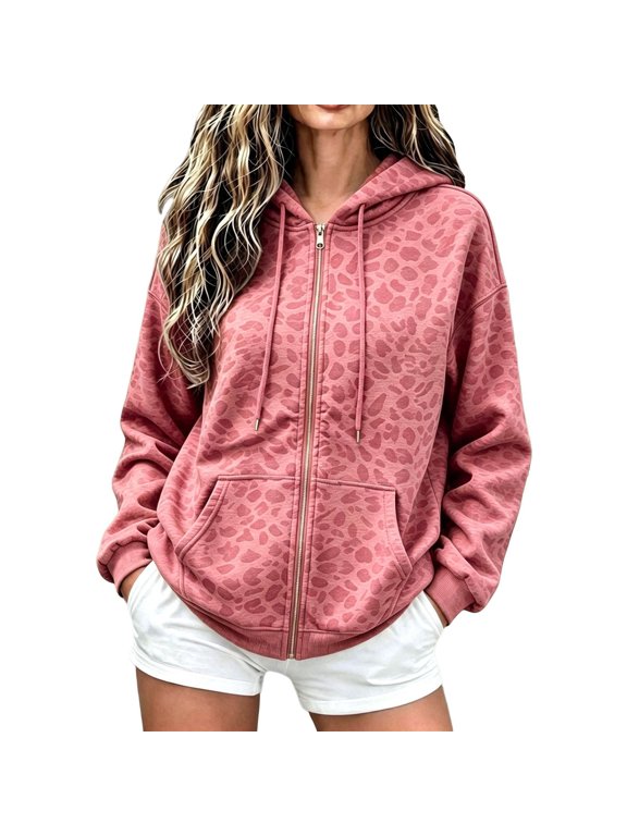 Leopard Print Hoodies for Women Zip up Long Sleeve Drop Shoulder Cheetah Fall Sweatshirt Jacket with Pockets Fashion Loose Lined Warm Cozy Cute Hooded Outerwear Pink XXL