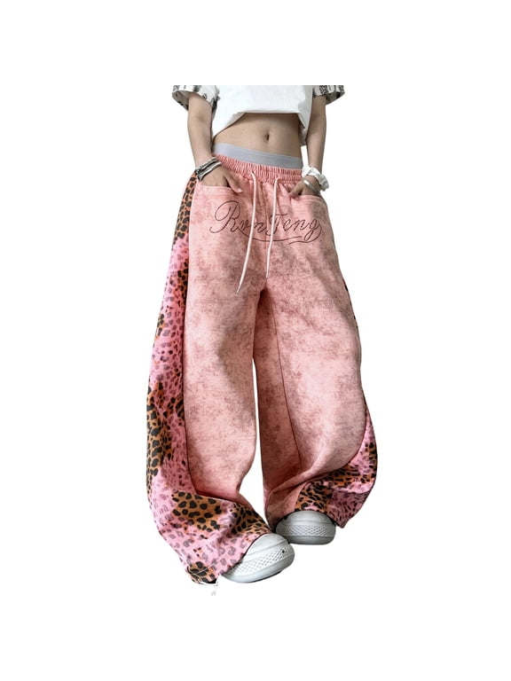 Leopard Print Patchwork Sweatpants for Women Elastic High Waisted Drawstring Wide Leg Barrel Pants Y2k Vintage Cheetah Streetwear Casual Workout Athletic Trousers 1-Pink S