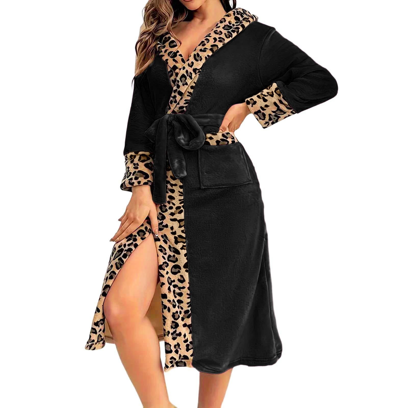 Woman's Leopard Robe Arlun Leopard Print Robes for Women Plush Fleece Hooded Bathrobe Over ...