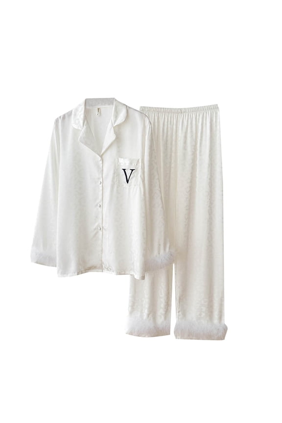 Leopard Printed Pajama Sets for Women 2 Piece Pajamas Long Sleeve Lapel Button down Shirts and Baggy Elastic Waited Long Pants Thin Soft Comfy Breathable Pjs Sets Sleepwear White L