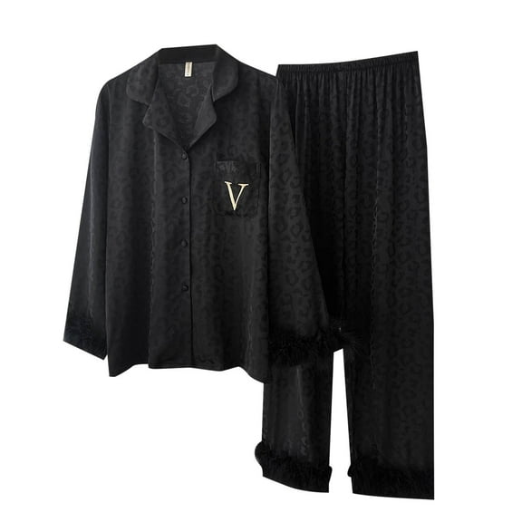 Arlun Leopard Printed Pajama Sets for Women 2 Piece Pajamas Long Sleeve Lapel Button down Shirts and Baggy Elastic Waited Long Pants Thin Soft Comfy Breathable Pjs Sets Sleepwear Black M