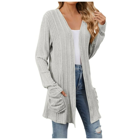 Arlun Lightweight Cardigans for Women Fashion Oversized V-Neck Long Sleeve Ribbing Sweater Coats Casual Loose Fit Solid Color Dressy Work Fall Outwear Grey XXL